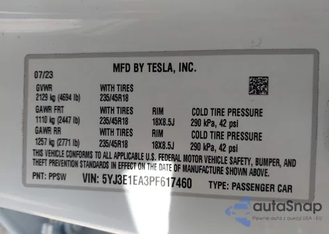 2023 Tesla Model 3 Rear-Wheel Drive из США, поврежденный, VIN 5YJ3E1EA3PF617460